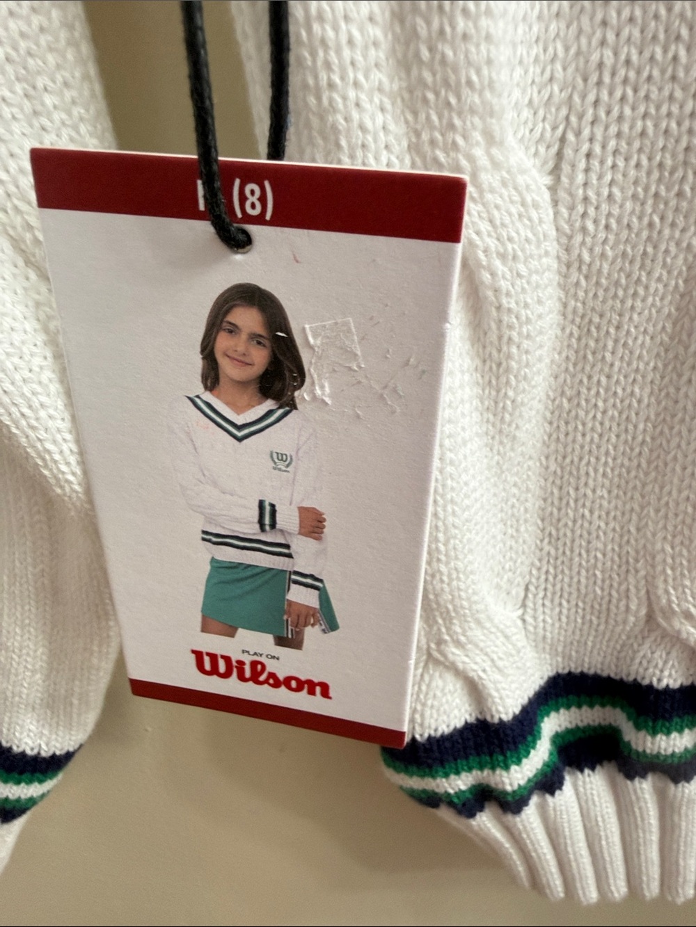 Wilson White Cable-Knit V-Neck Sweater with Green and Navy Trim tennis - Picture 2 of 6